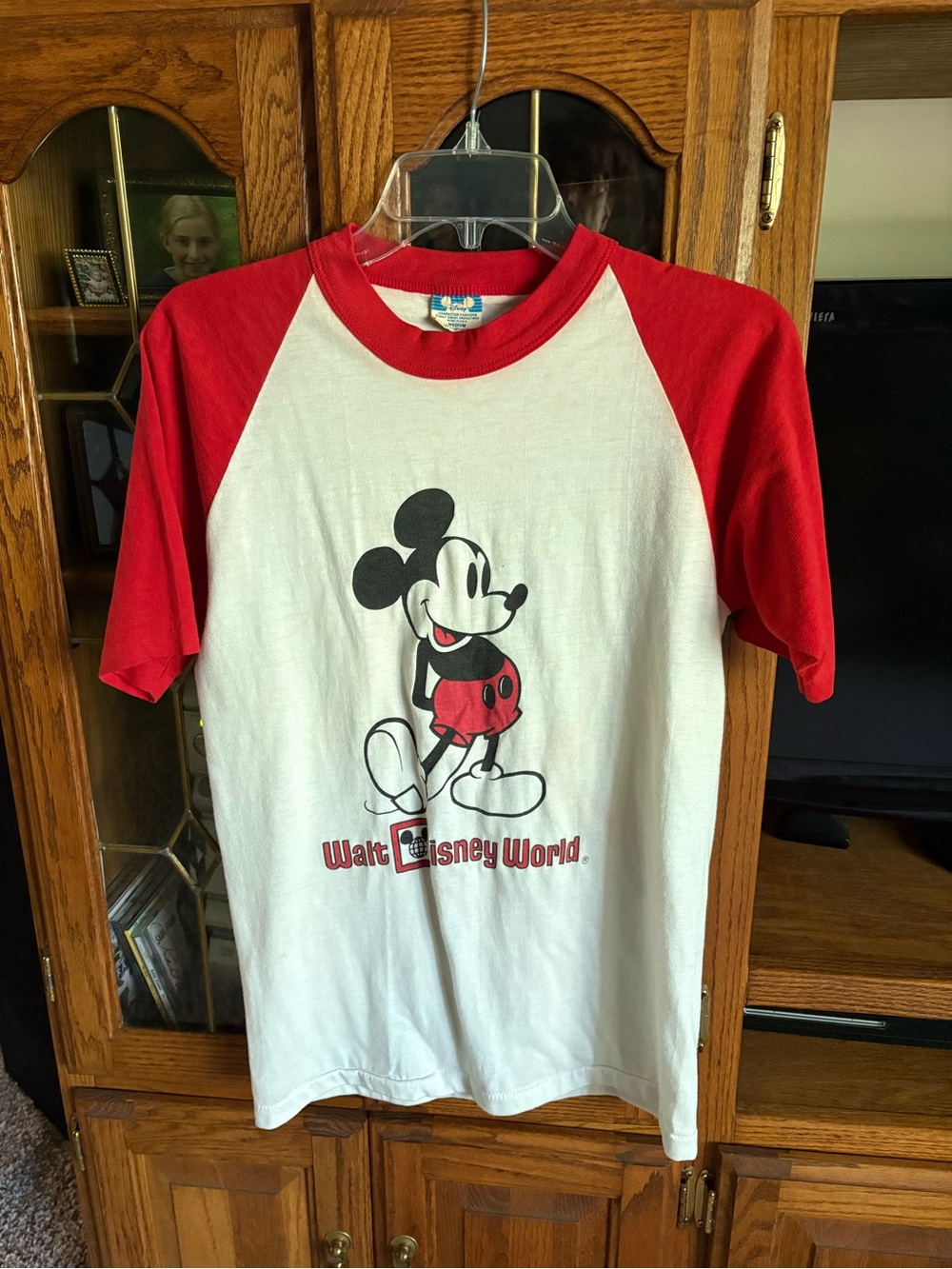 Vintage Disney White Tee with Red Raglan Sleeves Featuring Mickey Mouse size med